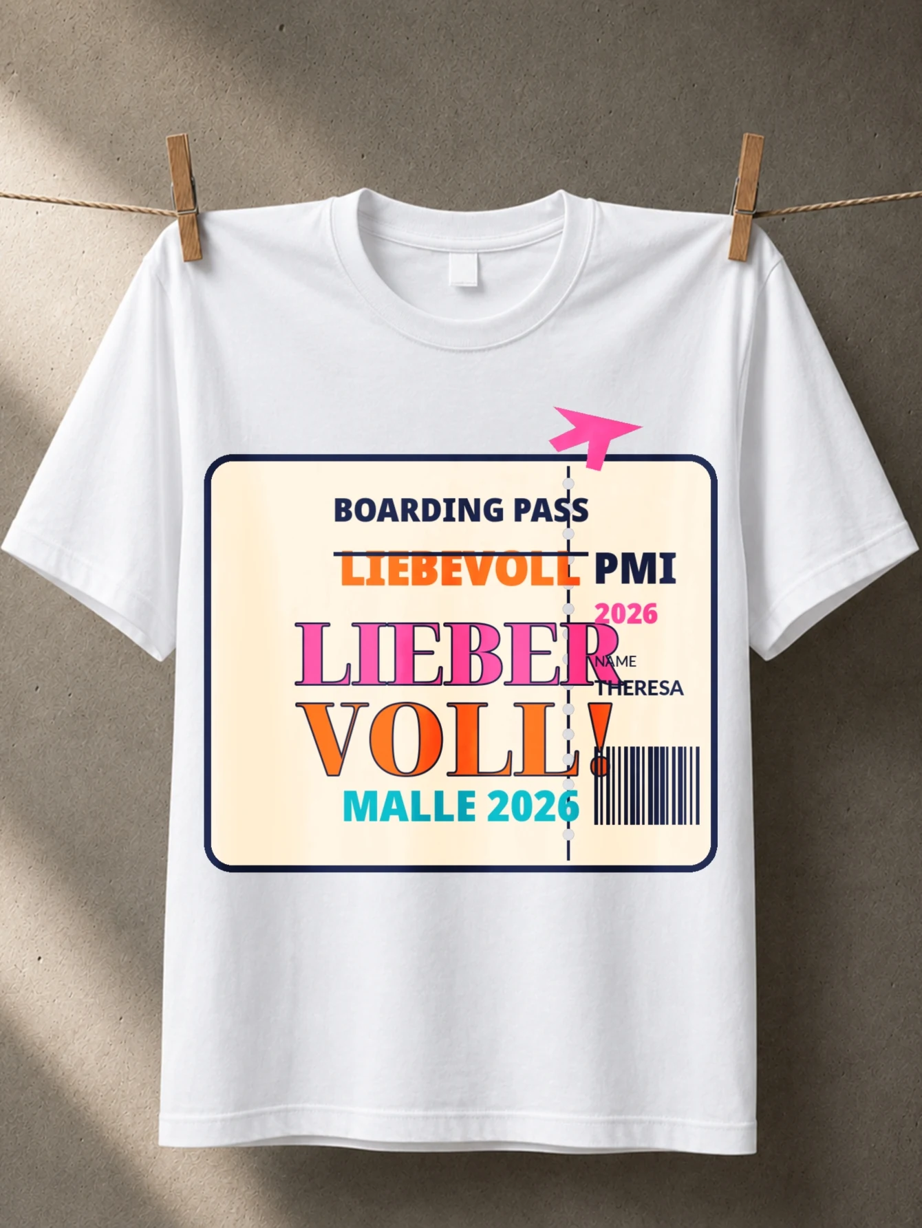 Lieber Voll Boarding Pass PMI Malle 2026 Theresa Airplane Ticket Graphic Barcode Travel Party Theme  Unisex All T-Shirt