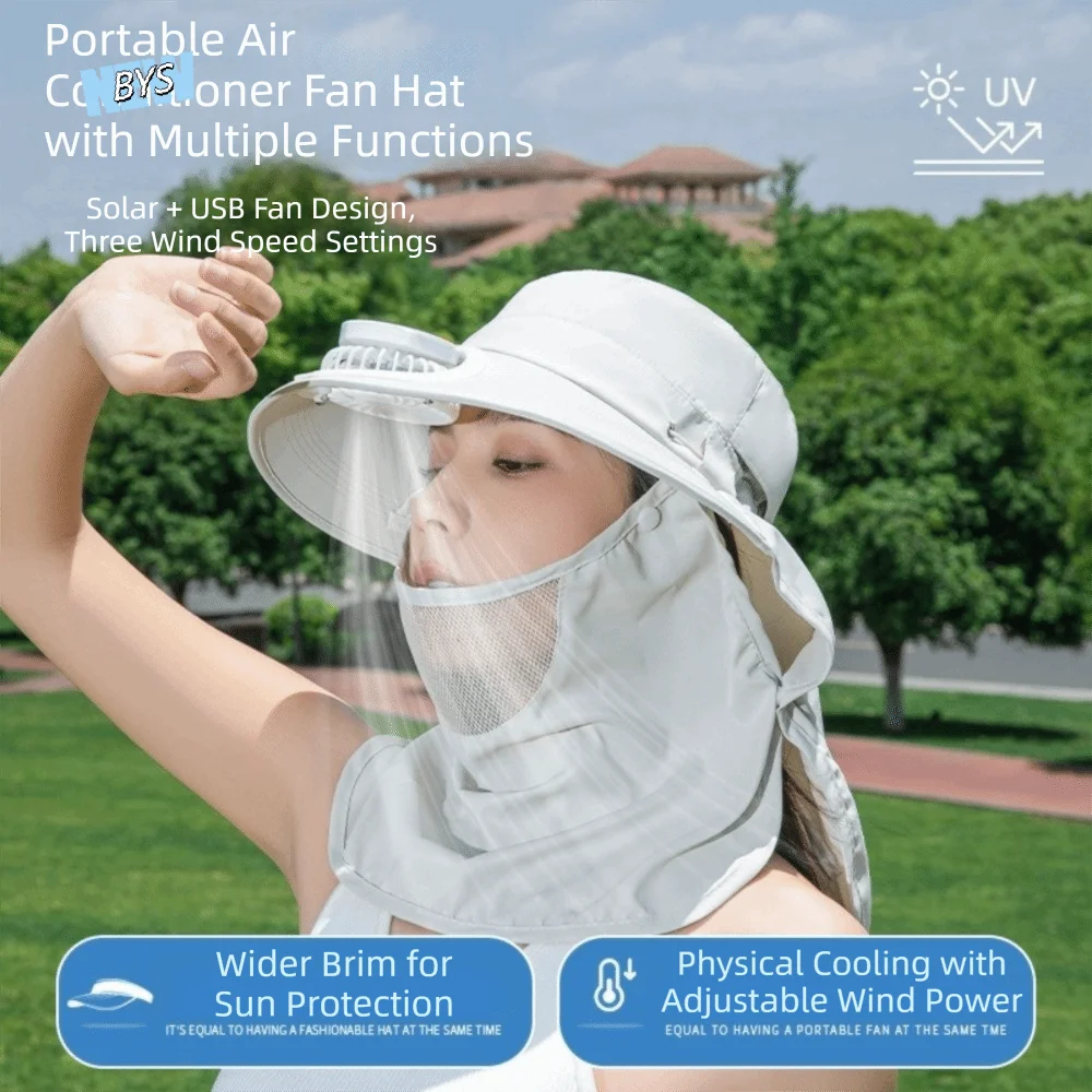 

Adjustable Solar-Powered Fan Hat Face Cover Shoulder Cape UV Protection Hat Integrated Large Brim Fisherman Hat Beach Wear