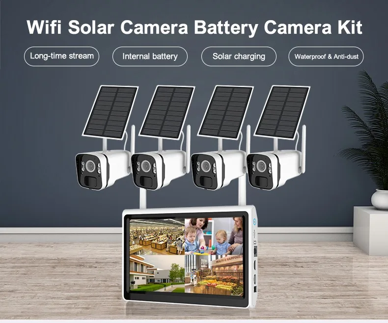 كاميرا لاسلكية ذات 4 قنوات Nvr للتخزين السحابي الخالي من الشمس، كاميرا مراقبة Wifi Cctv Kit