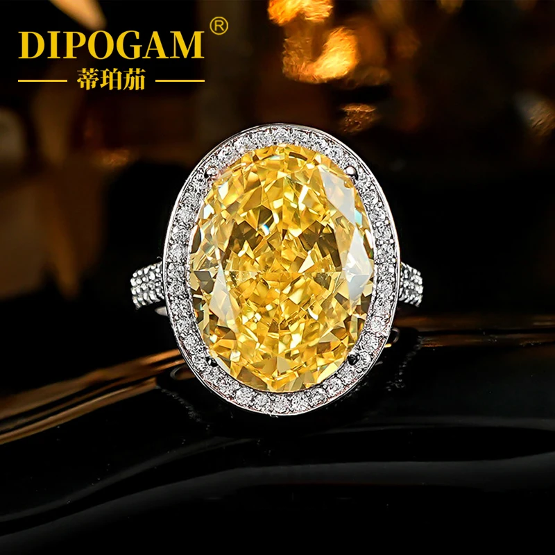 

DIPOGAM 925 sterling silver large carat egg shaped crushed ice cut yellow diamond pigeon egg ring jewelry colorful luxury ring