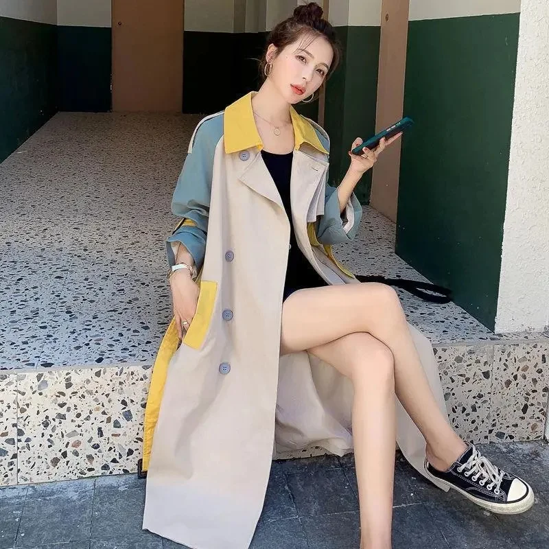 Color Blocking Long Windbreaker Jacket For Women 2025 New Spring Autumn Korean Style Loose Versatile Overcoat Female Trench Coat