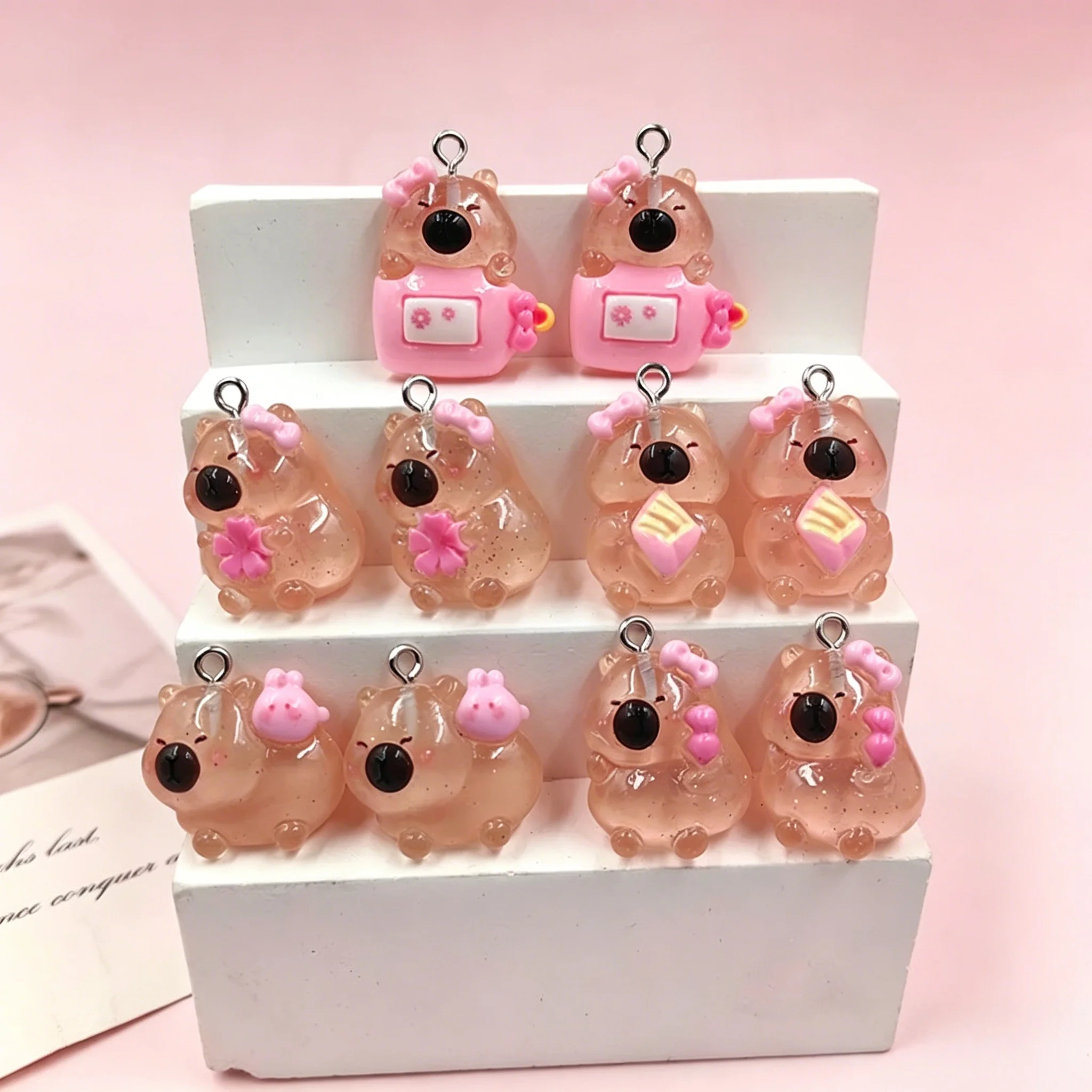 10Pcs Lovely Capybara Resin Charms with Pink Flowers & Snacks for DIY Keychain & Earrings