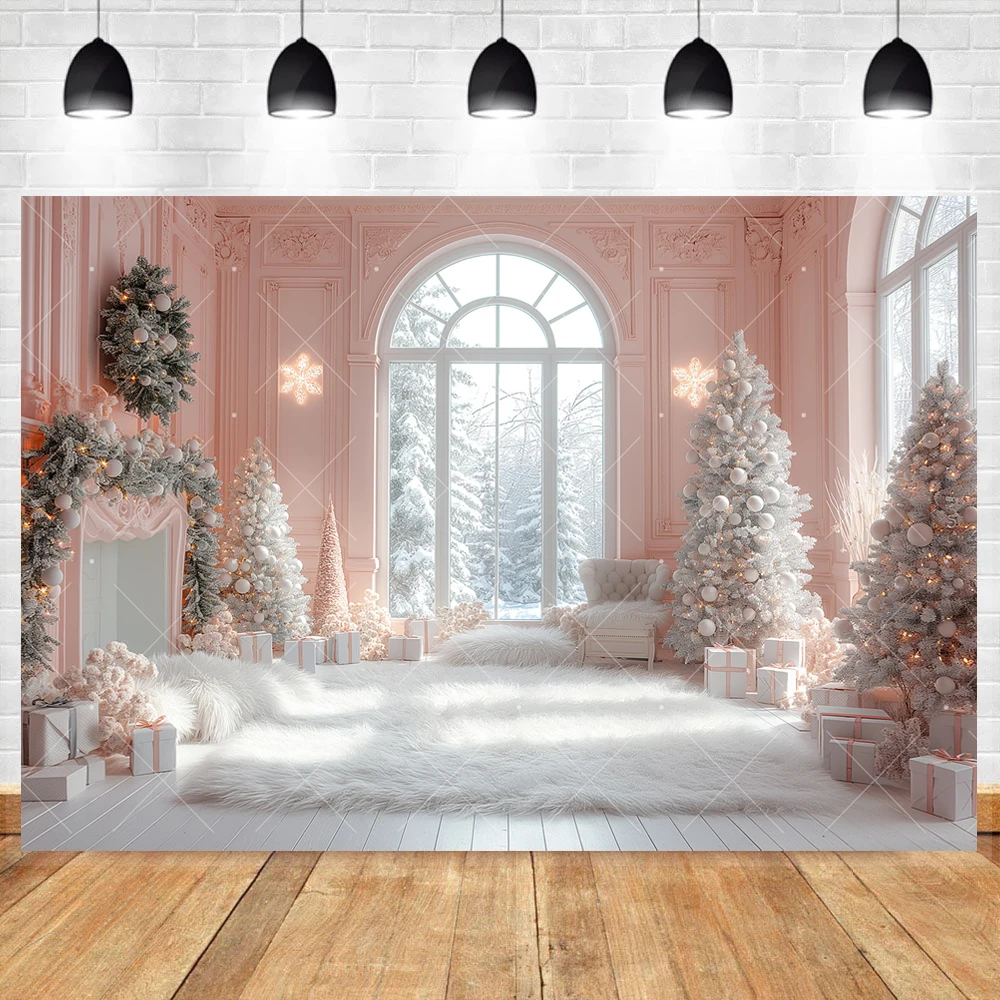 Sfondo rosa dell'albero di Natale Banner personalizzato per decorazioni per feste di Natale Palazzo retrò Finestra interna Regalo Sfondo fotografico per ritratti di bambini