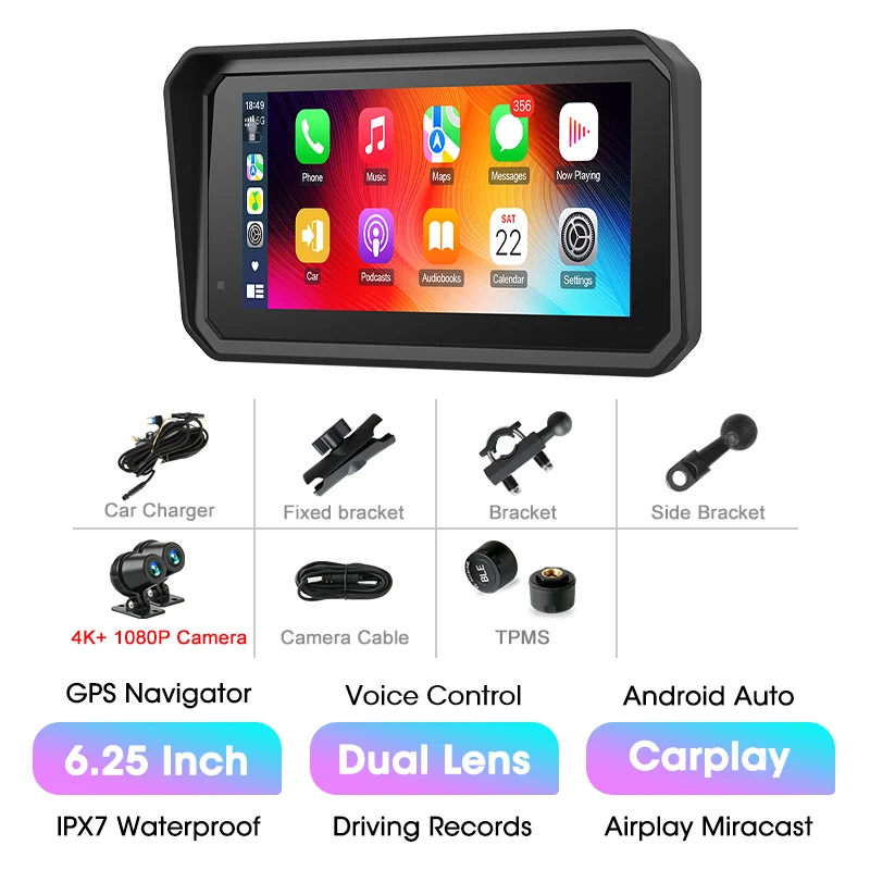 Jansite 5/6.25'' GPS voor motorfietsen Carplay DVR Navigatie Scherm Android Auto Moto Accrssories IP67 Waterdichte monitor