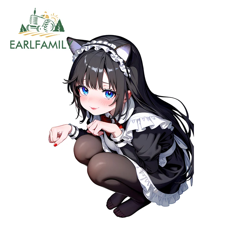 EARLFAMILY Maid Original Cartoon Girl Car Stickers Adorable Anime Refrigerator Decals Sunscreen Car Gadget Scratch-Proof