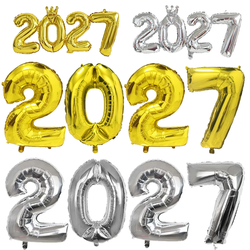 Ballons Chiffres 2027 avec Couronne Or Argent, Grands Ballons Chiffres de 32 Pouces pour le Réveillon du Nouvel An 2027, Anniversaire, Décorations de Fête