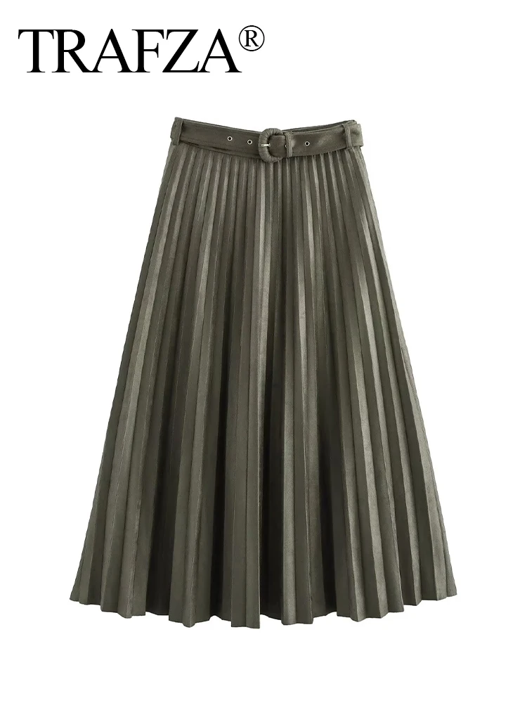 TRAFZA Women's New Fashion Versatile Solid Suede Effect Midi Pleated Skirt Female Elegant Pleated Warm Ankle Length Casual Skirt