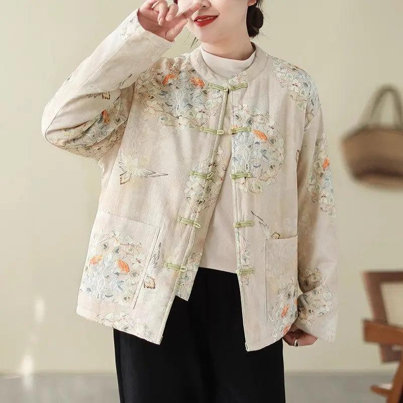 Chinese Style Cotton And Linen Printed Jacket For Women Autumn Winter Cotton Padded Coat Double Breasted Buttoned Top K2474