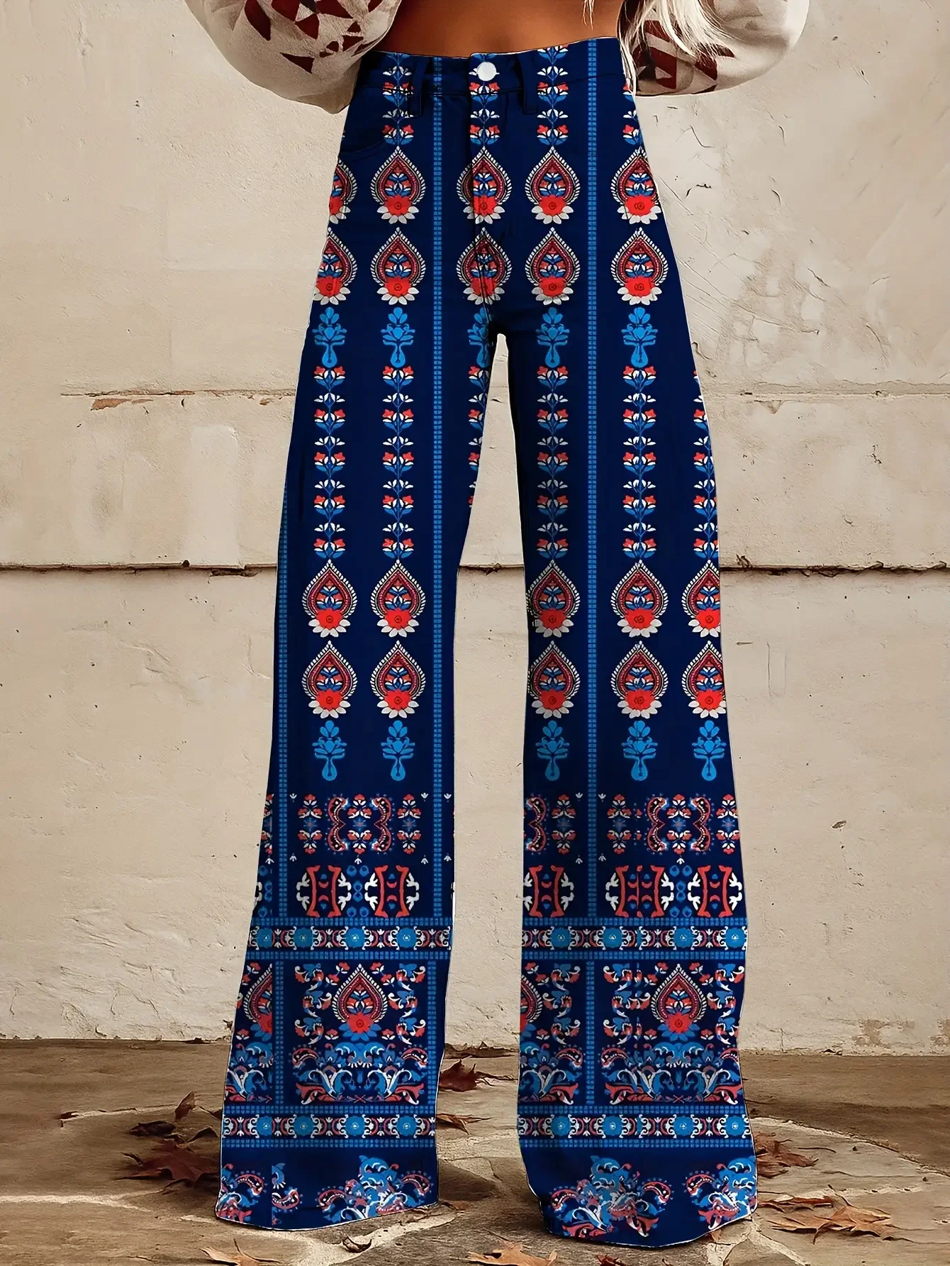 Women's 3D Print Geometric Pattern Wide Leg Denim-Style Jeans - Lightweight Casual Pants,Vintage style suitable for all seasons