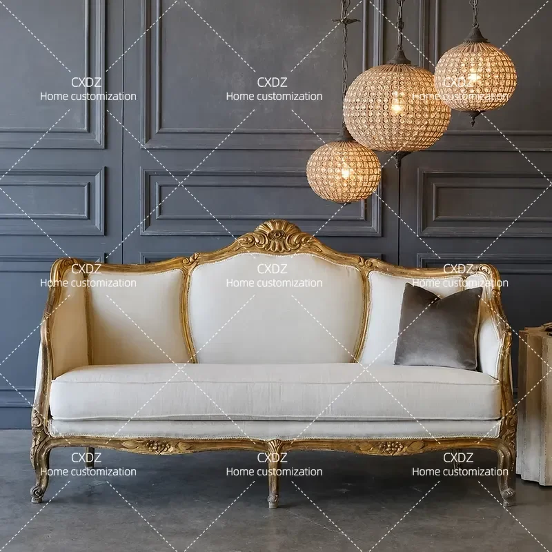 French Style Solid Wood Double Sofa with Gold Accents Retro Living Room Leisure Couch for Studio Wedding Photography Home