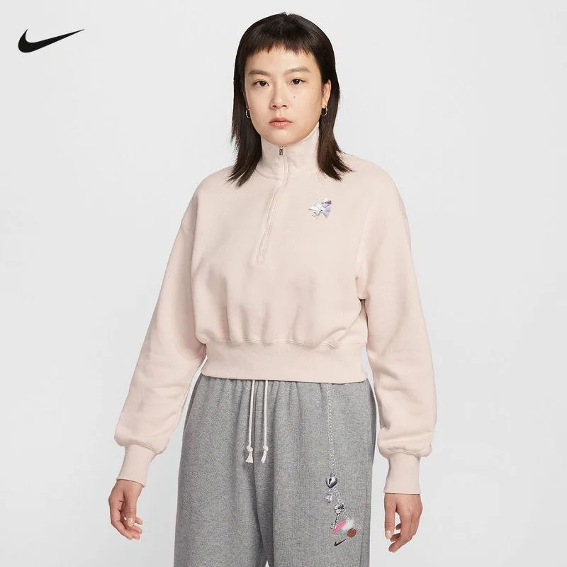 NIKE Women's Bow Sweater 26 Spring New Half Zipper Stand-up Collar Short Jumper IQ3940-667