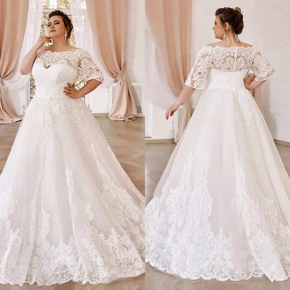 Vestido de novia de tul blanco personalizado, vestidos de novia con hombros descubiertos y cuello barco de alta calidad, vestido de novia con cordones en la espalda