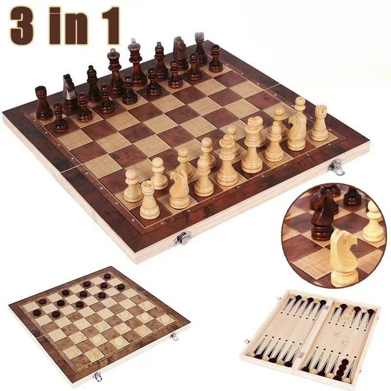 3 in 1 Chess Board Folding Wooden Portable Chess Game Board Wooden Chess Board for Adults(Chess + Checkers and Backgammon)