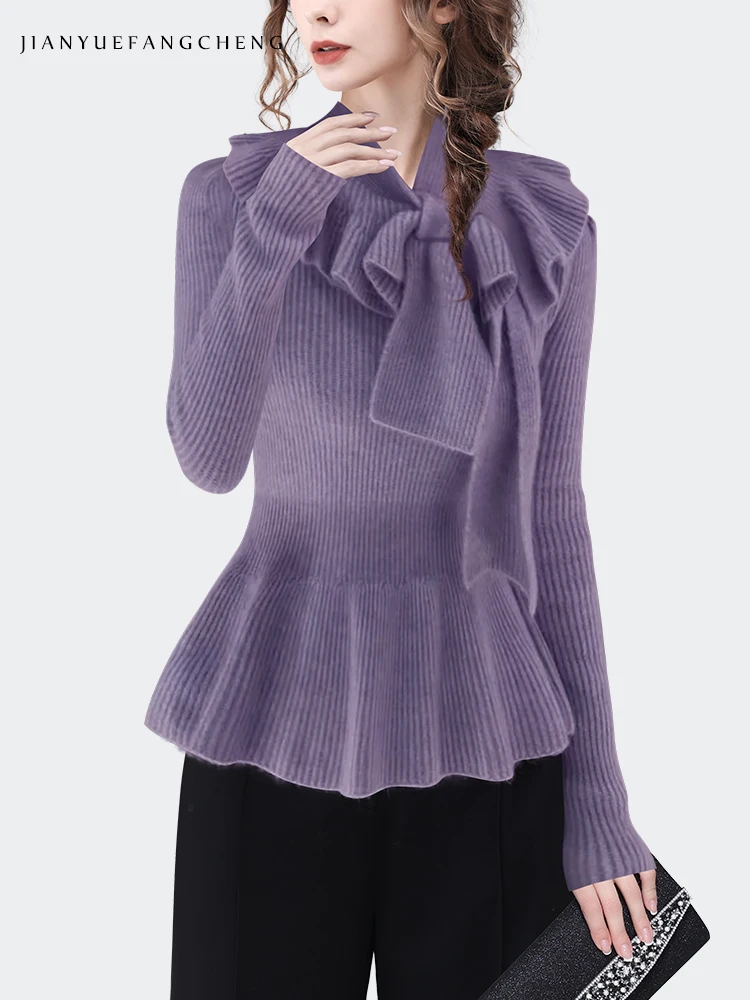 2023 Autumn/Winter Knitted Top, Female Celebrity Gentle Pullover Warm Inner Sweater Waist Wrapped Cute Bow, Western Wool Sweater