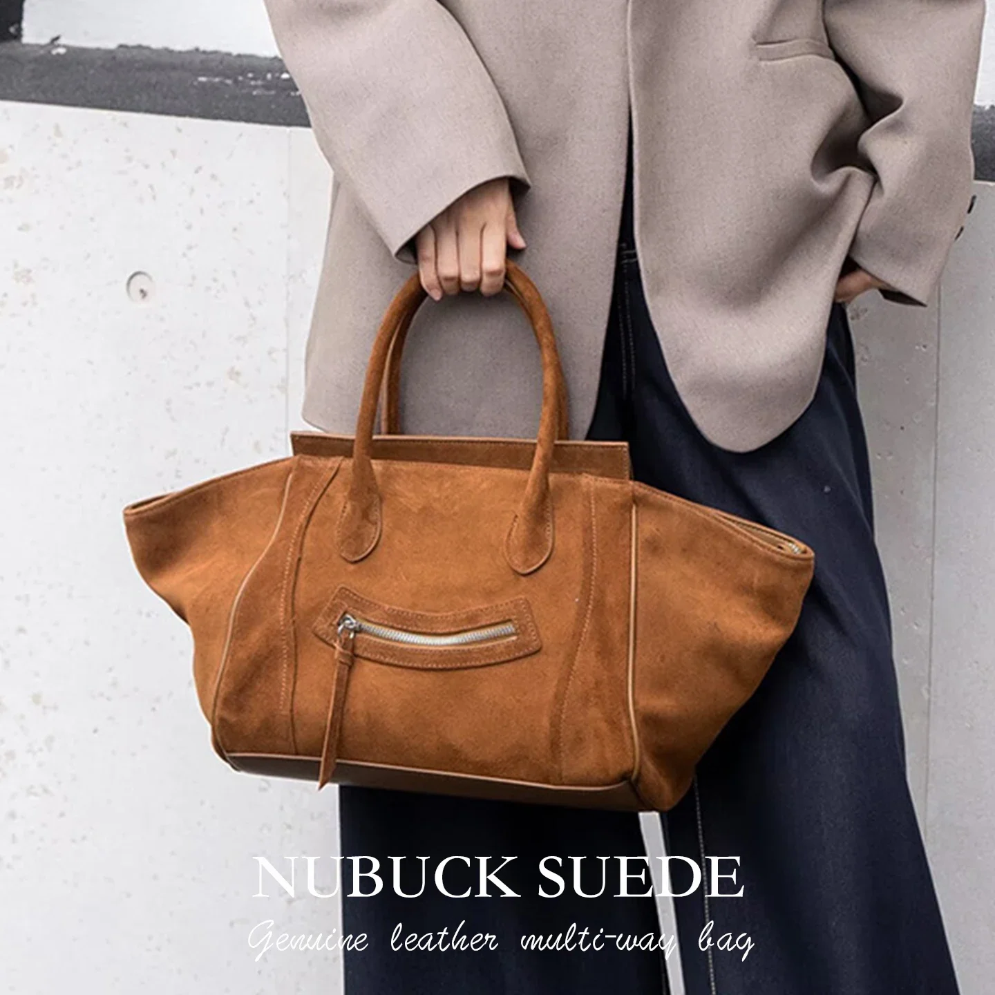Nubuck Suede Luggage Handbag Women Split Cowhide Large Capacity Wing Smiley Bag Multi-way Shoulder Crossbody Bag Fashion New