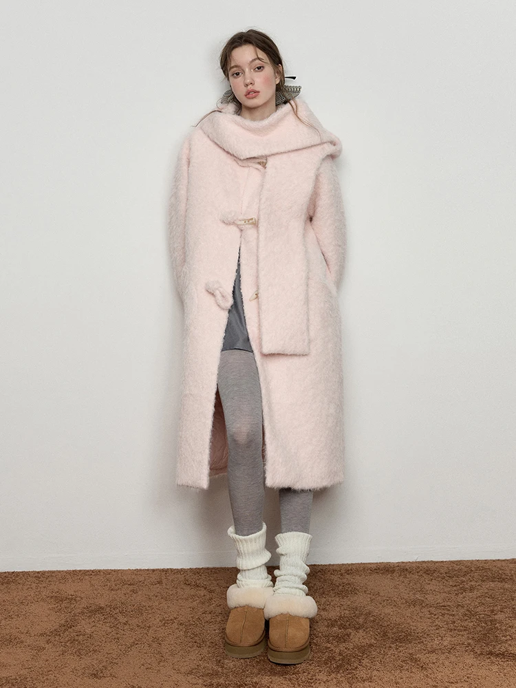 Feminine Sweet High-end Pink Woolen Coats Women's 2024 Winter New Long Sleeve Solid Color Blends Hooded Scarf Trendy Woolen Coat