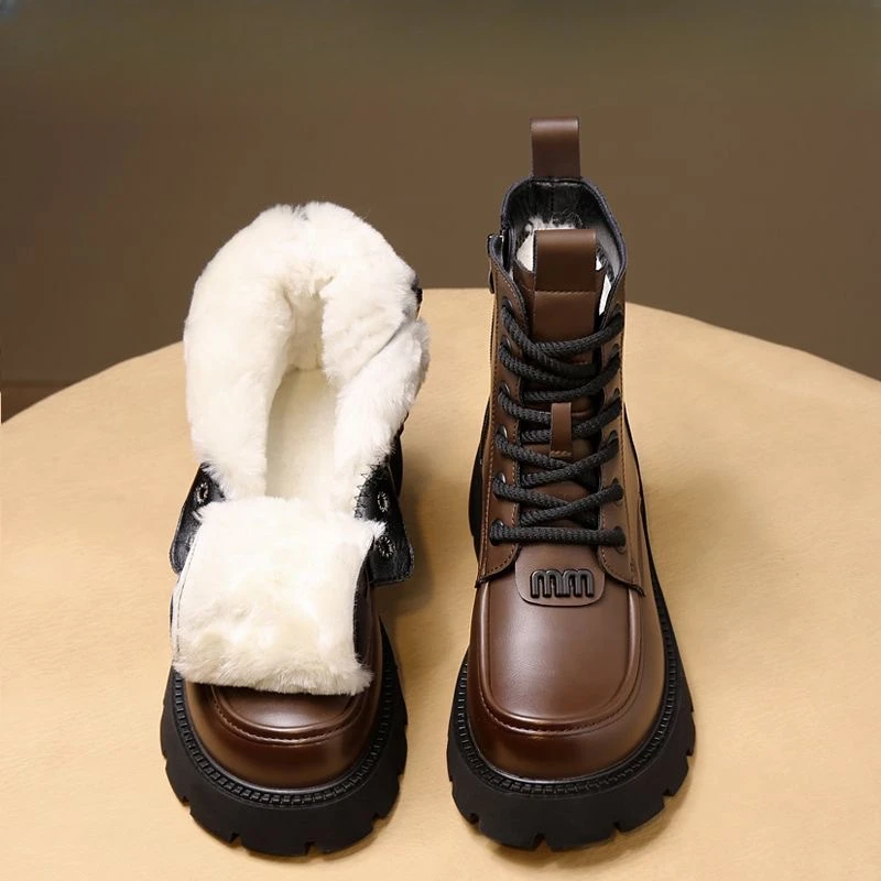 Winter Women Shoes Round Toe Chunky Heel Boots Genuine Leather Shoes for Women Warm Wool Snow Boots Zipper Platform Shoes Women