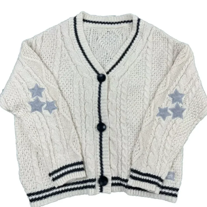 Beige Folklore Cardigan Women Letter Patch with Star Embroidered Knitted Sweater Female Winter Autumn Casual Oversized Cardigans