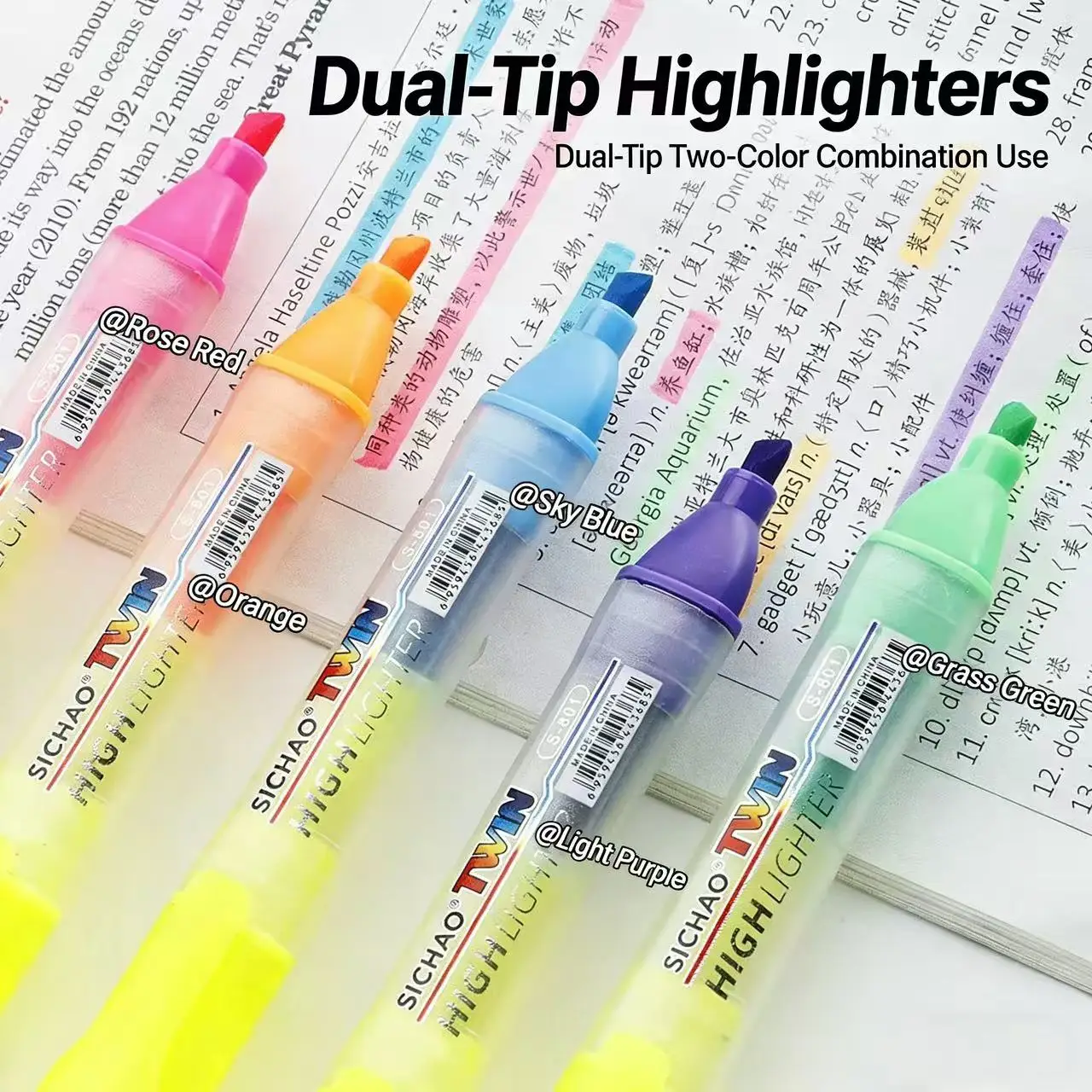 2-in-1 Zweifarbiger Textmarker mit Meißelspitze, Fluoreszierender Stift für Journaling & Notizen – Detail 1