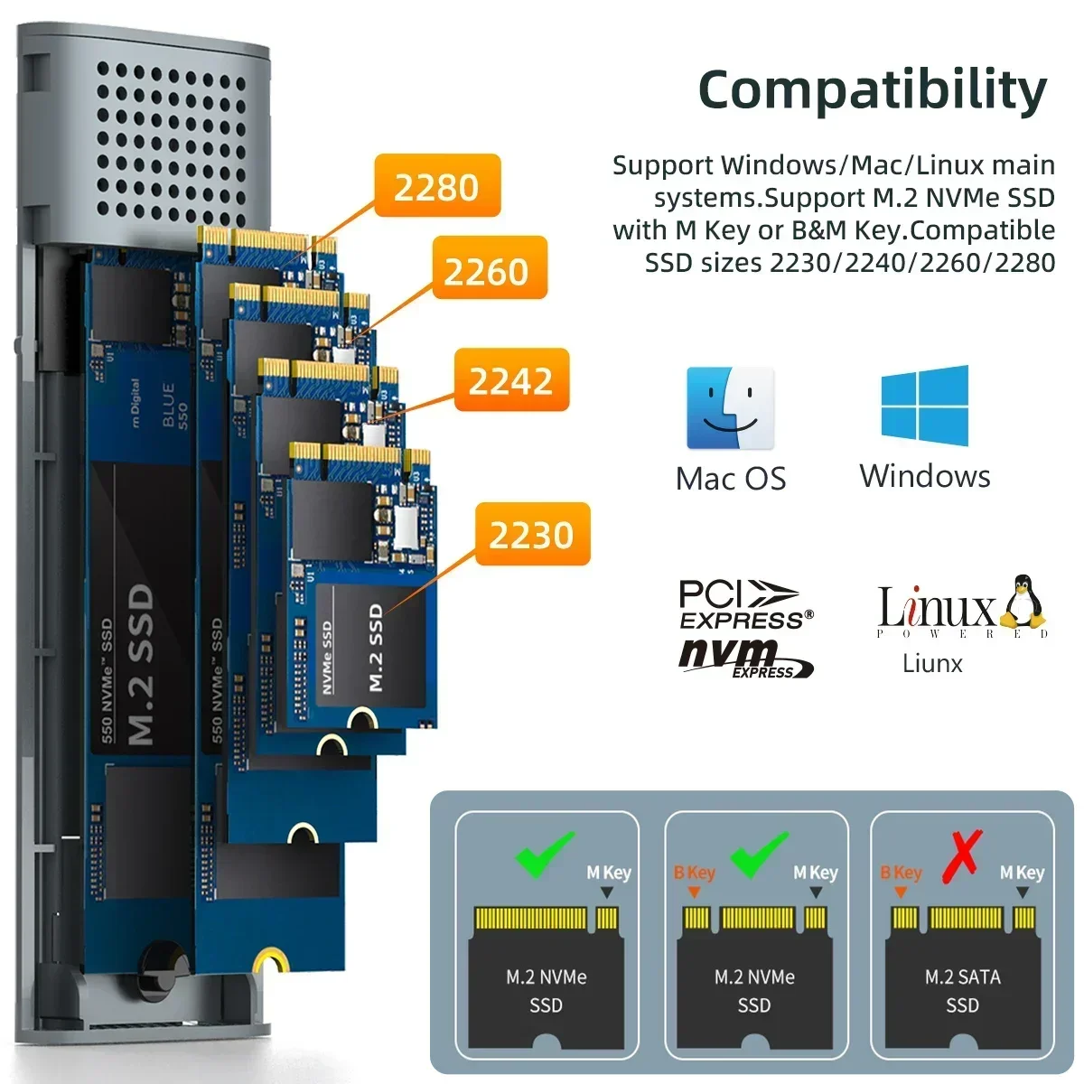 MAIWO 2-in-1 Type-C ケーブル M.2 NVMe SATA SSD エンクロージャ アダプター 10Gbps Compabitle SSD サイズ 2230/2240/2260/80 ツールフリー USB3.1 GEN2