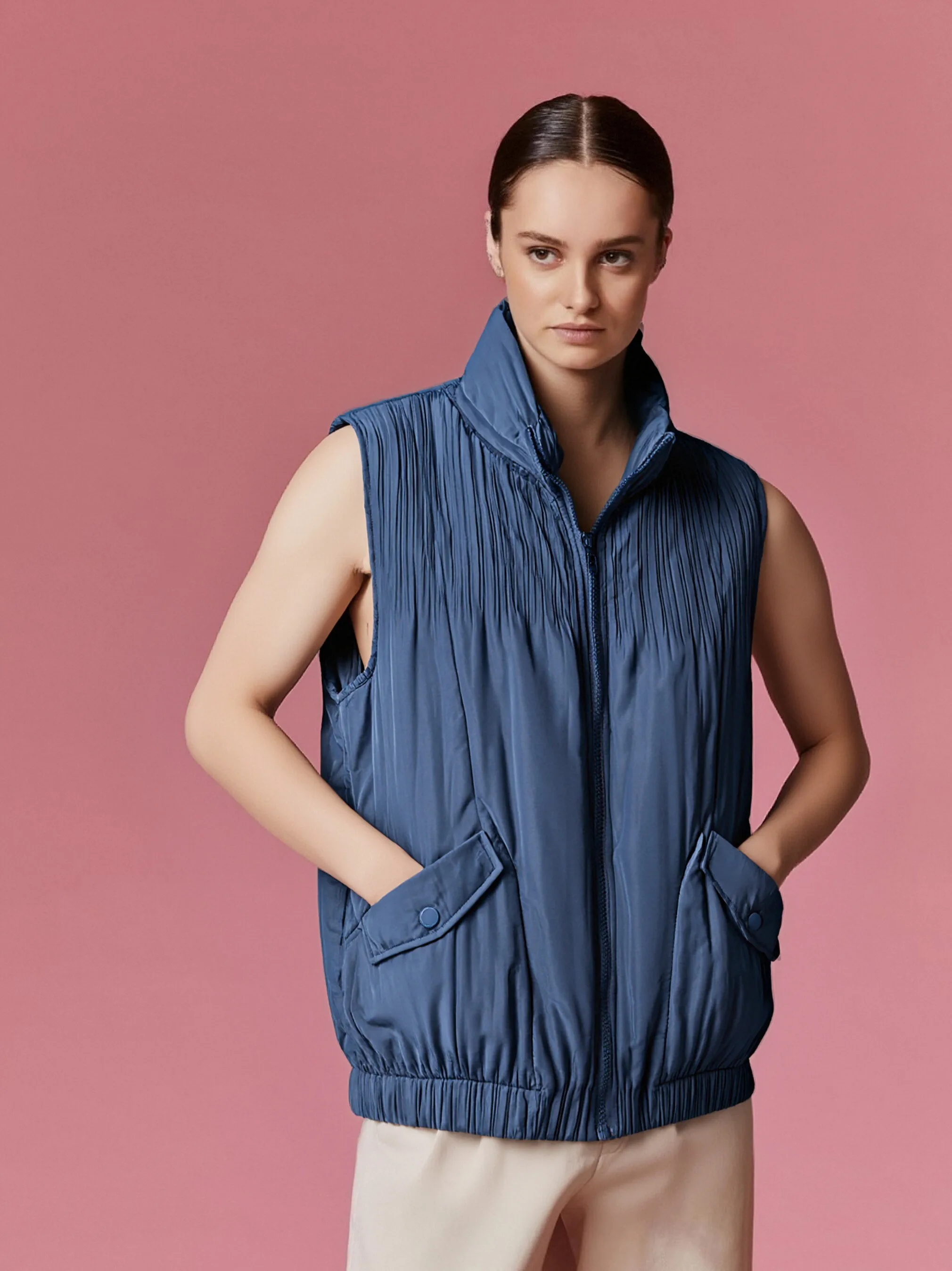 سترة نسائية شتوية مطوية موضة مزاجه بسيطة بلون سادة بدون أكمام سترات لخريف وشتاء 2025 قطع علوية فضفاضة جديدة متعددة الاستخدامات