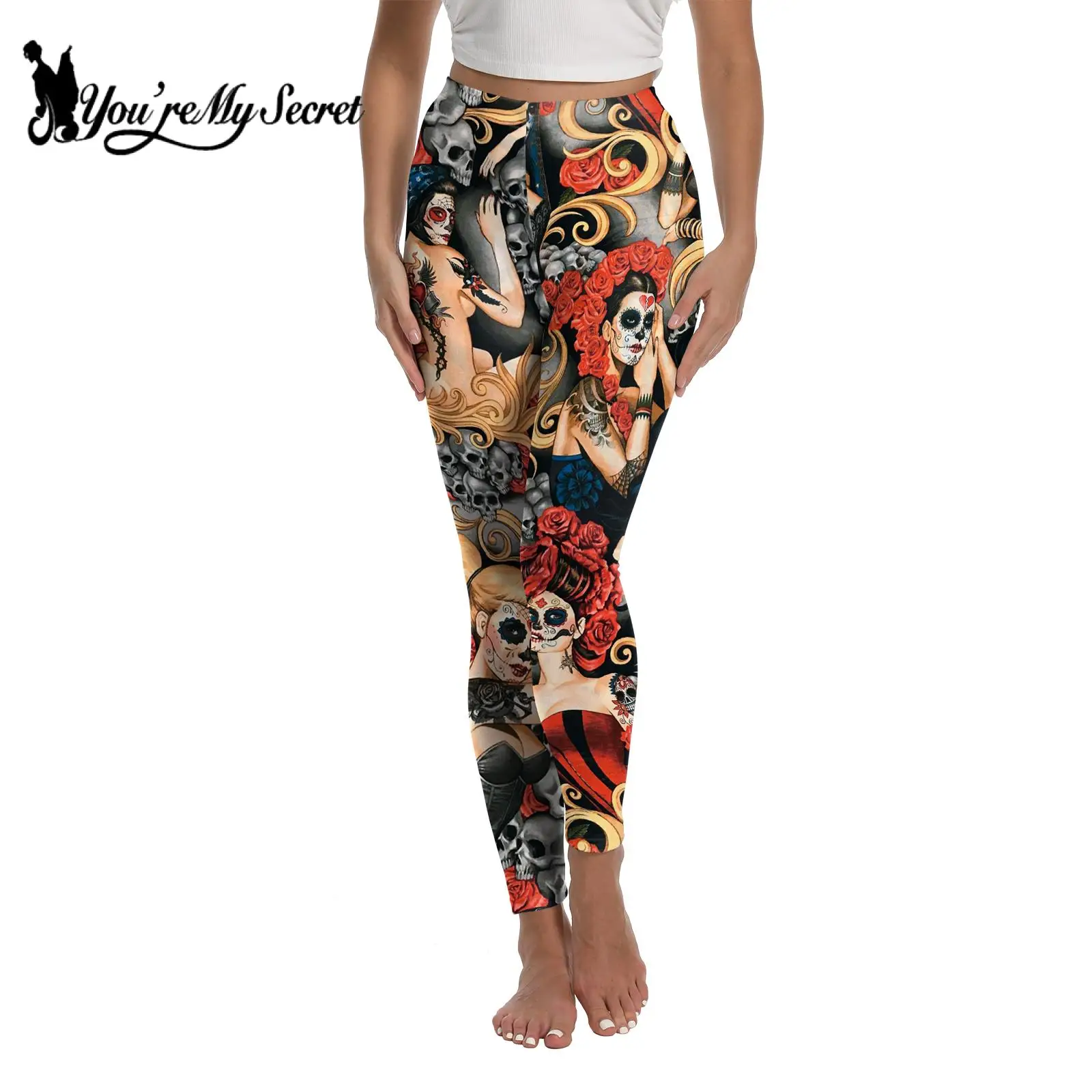 [You\'re My Secret] Women\'s Leggings Halloween Day of The Dead Skull Rose 3D Print Pants Skinny Stretchy Elastic Workout Trousers