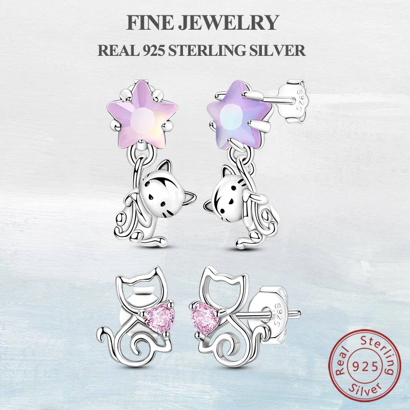 

Серьги-гвоздики из 100% настоящего стерлингового серебра 925 пробы, серьги-гвоздики с изображением кошачьей звезды для женщин и девочек, серьги высокого качества, ювелирные украшения для девочек