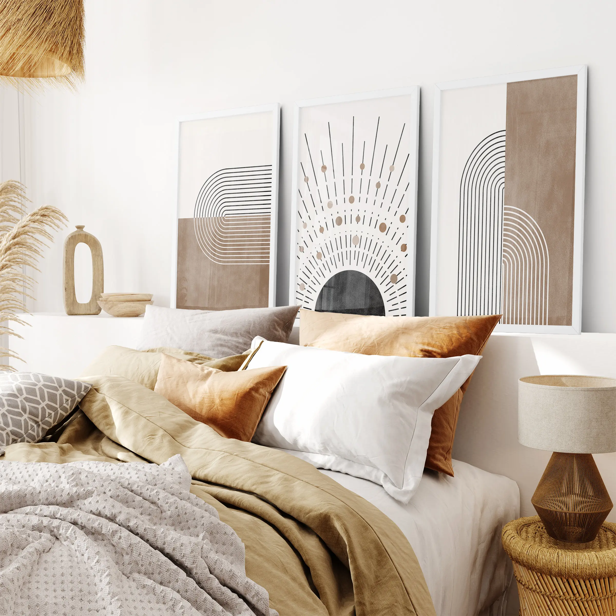 3PCS Large-sized frameless canvas paintings,Mid-Century Boho Abstract Wall Art Set, Neutral Sun Rainbow Geometric Canvas Prints,