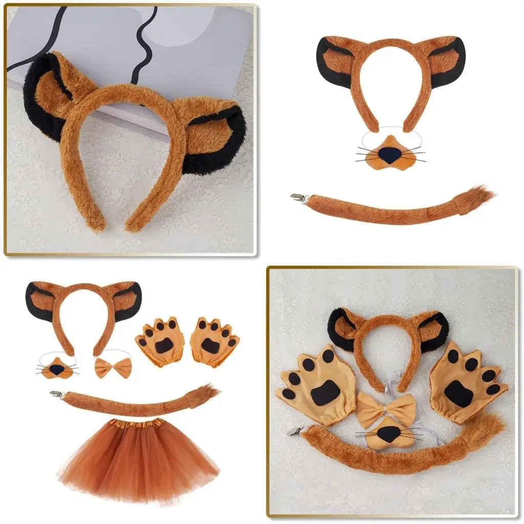 R1we Lion Ohr Ohrstirnband Schwanz Nase Bowtie Rock Handschuhe Halloween Tier -Outfit für Kind