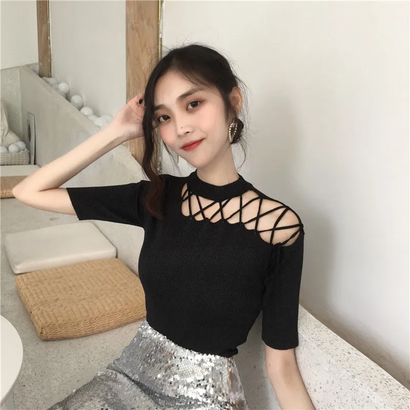 Korean Chic Hollow Out Bandage T Shirts Summer New Short Sleeve Solid Off Shoulder Slim Fashion Tops Y2K Sexy Women Clothing