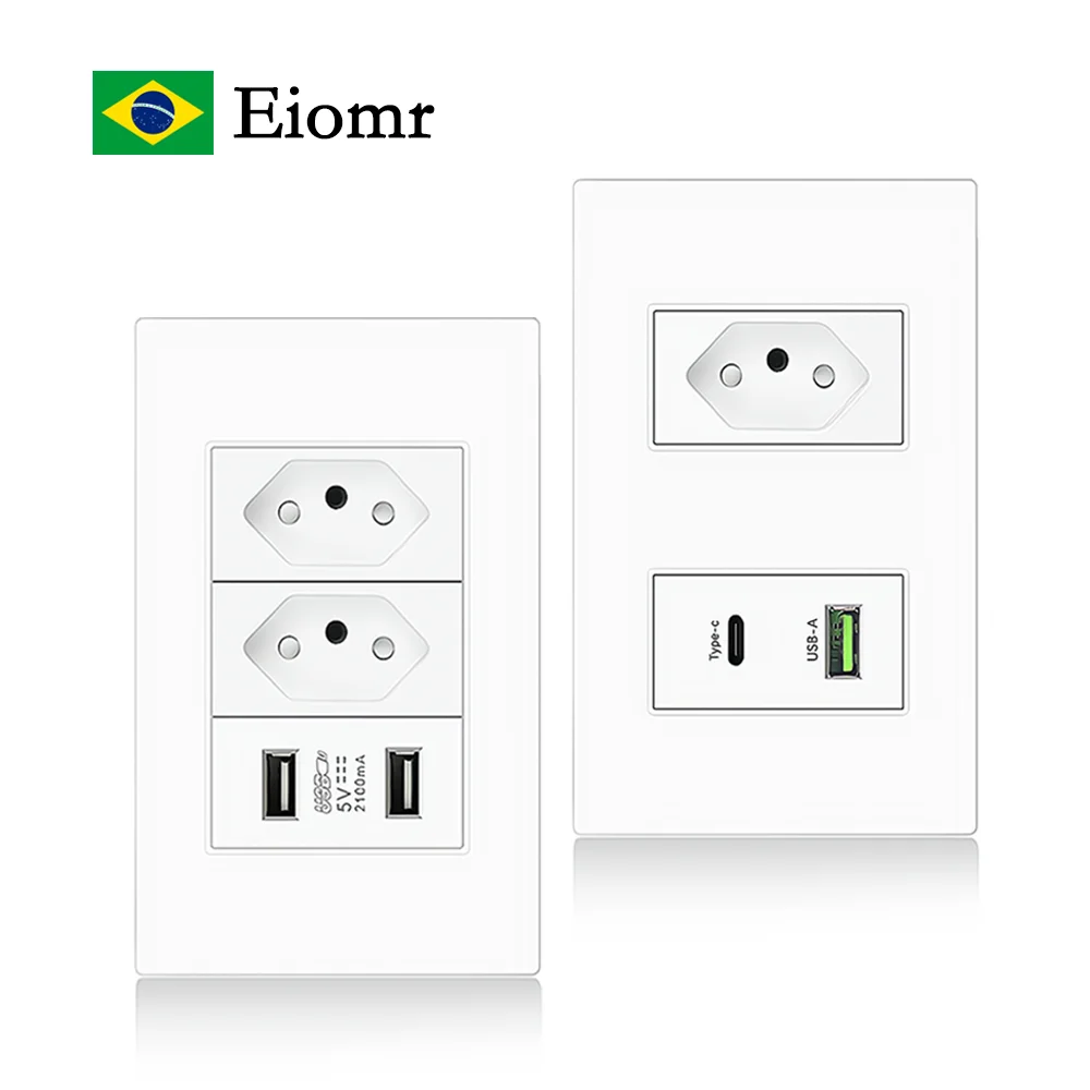 Eiomr-enchufe estándar de Brasil, doble USB tipo C, interruptor de luz de pared, 20A, 118x75mm, uso doméstico y de oficina, enchufe Pop blanco