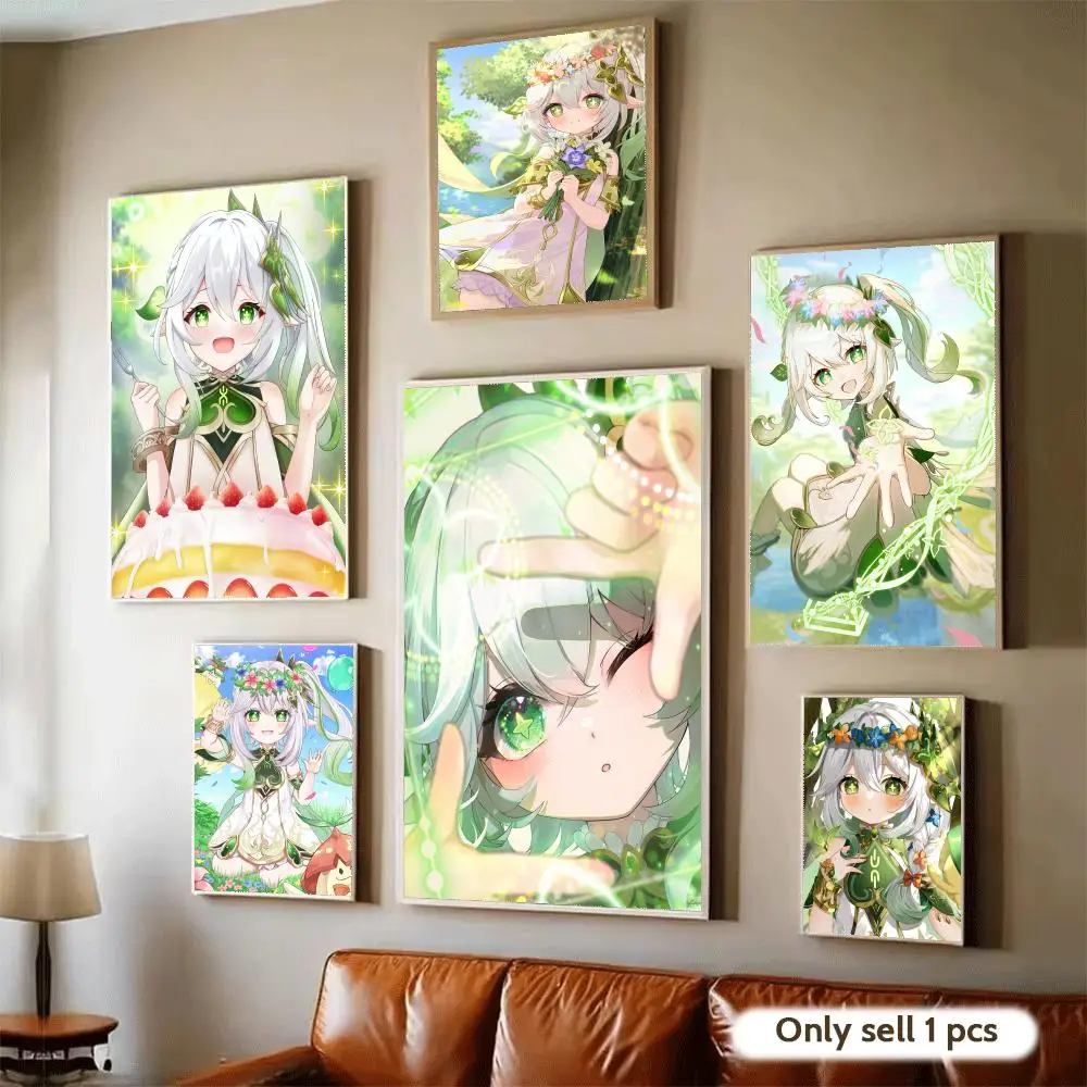 Nahida Genshin Impact Poster Home Bar Wall Art Sticker Waterproof Self-Adhesive Mural for Living Room Bedroom Decor