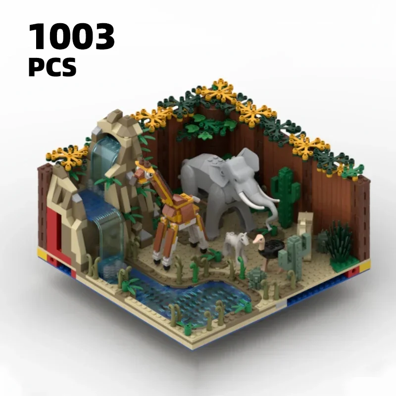 Afrika Zoo MOC Modulares Tierziegel-Set City Street View Modell Wasserfall Gebäude Blöcke Kit DIY See Spielzeug und Giraffe für Kinder