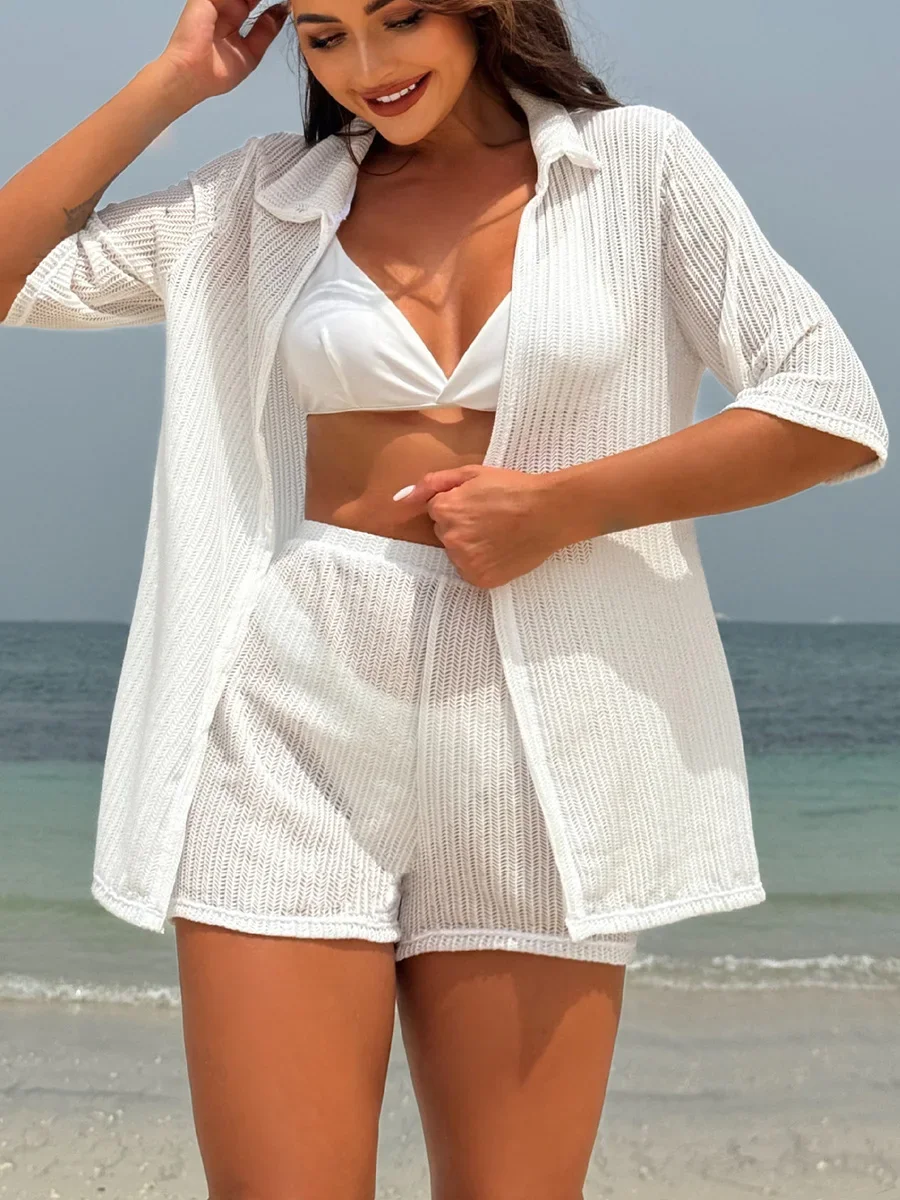 Kurzarm Häkeln Gestrickte Tunika Strand Cover Up Bikini Frauen Bademode Weiblichen Badeanzug Vier-stück Bikini Set Badeanzug Schwimmen
