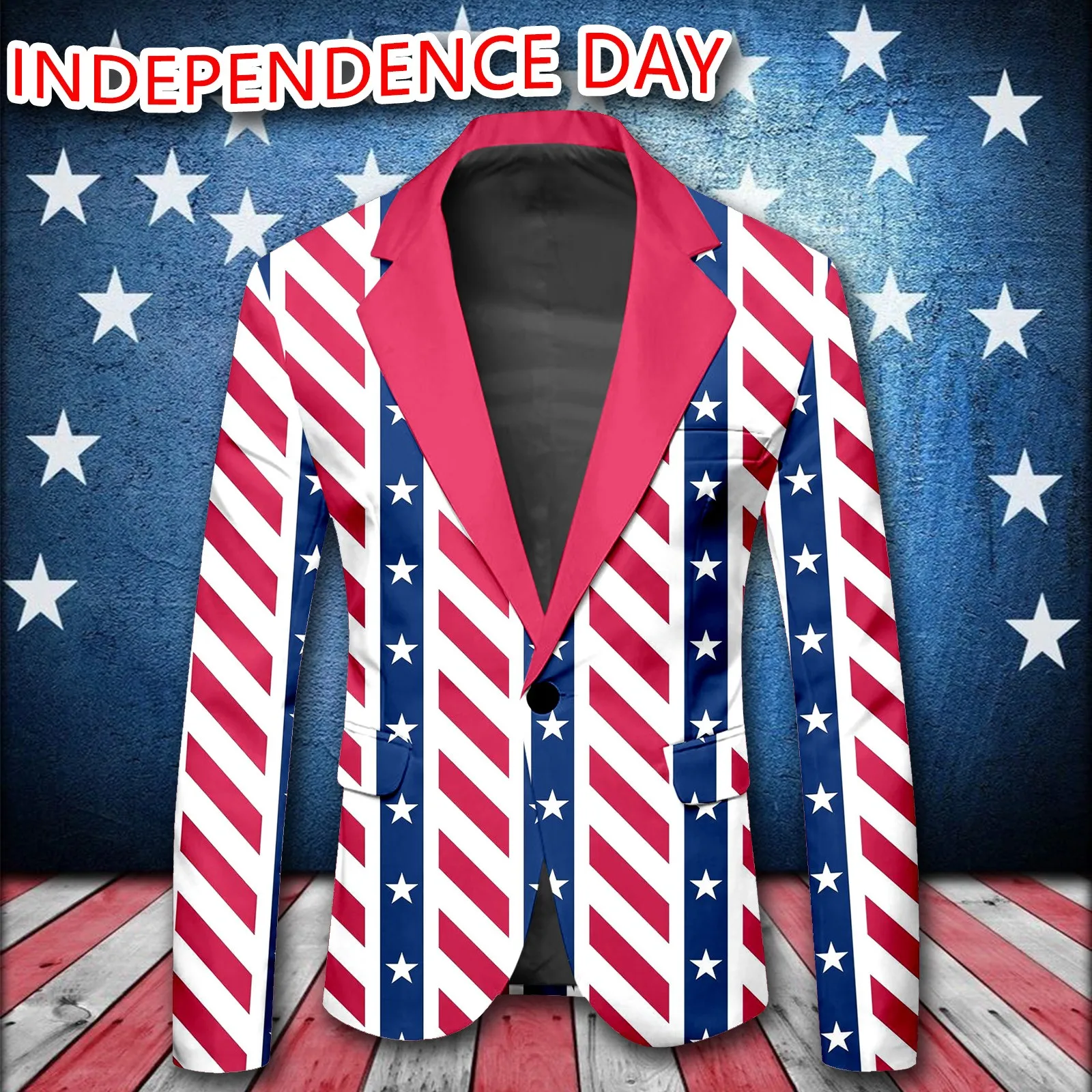 Fashion Male Independence Day Long Sleeve Jacket With Printed Buttons And Multiple Pockets For Holiday Party Events Coat