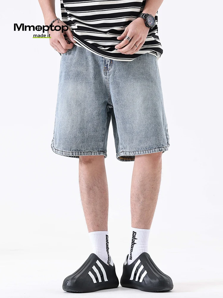 MMOPTOP Summer 2024 Men's Casual Washed Denim Shorts Versatile Loose Fit Five-Button Mid-Low Waist Cotton Blend Shorts