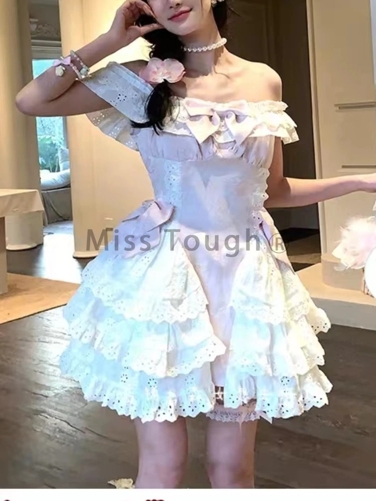 Kawaii Sweet Japanese Lace Bow Dress Women Cute Chic Summer V-neck Slim Dresses Female Fashion Princess Pleated Party Clothes