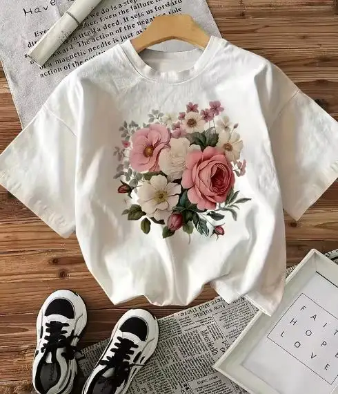 Women Watercolor Floral T Shirt Vintage Pink Rose White Peony Bouquet Graphic Casual Short Sleeve Pink Tee Tops
