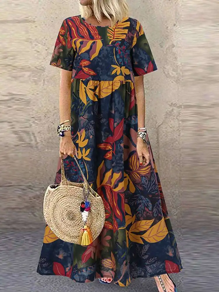 ZANZEA 2023 Vintage Printed Dress Women\'s Summer Sundress Casual Short Sleeve Maxi Vestidos Female O Neck Floral Robe Femme