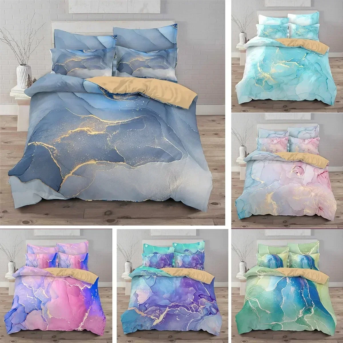 Chic Girly Marble Duvet Cover Abstract Geometric Bedding Set Microfiber Glitter Blue Comforter Cover King Queen For Kid Teen Boy