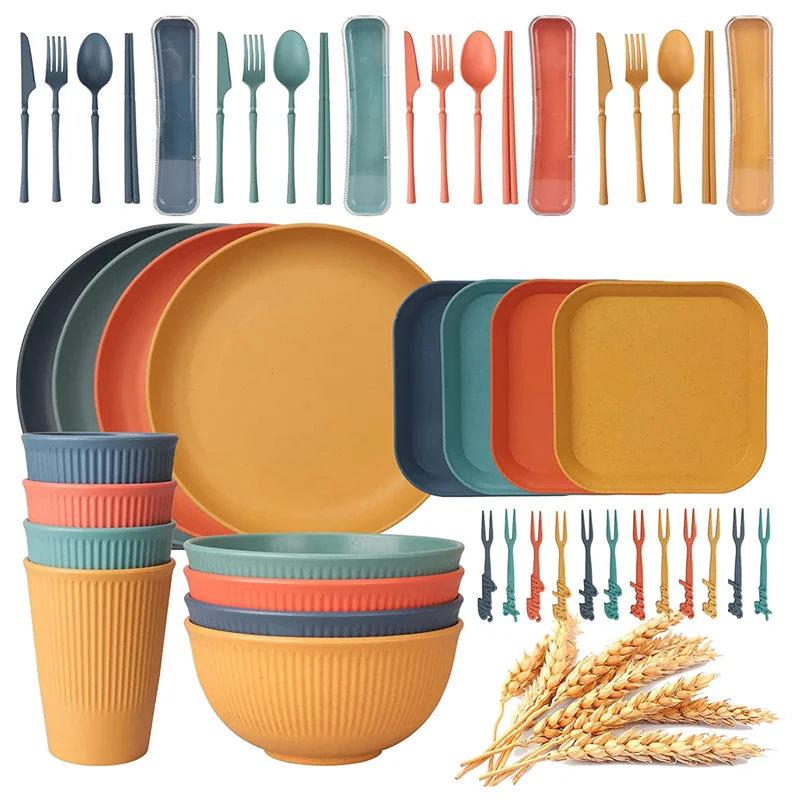 48Pcs Unbreakable Dinnerware Sets for 4 People, Camping Plates and Bowls Set, Picnic Dinner Sets, Serving Plates