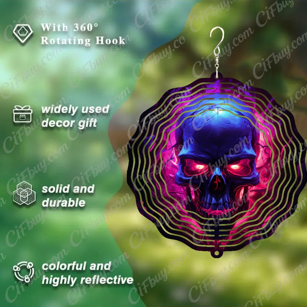CIFBUY Wind Chime Ornate Skull Print 3D 360° Rotating Metal Spinner Outdoor Garden Yard Porch Hanging Decor Gift