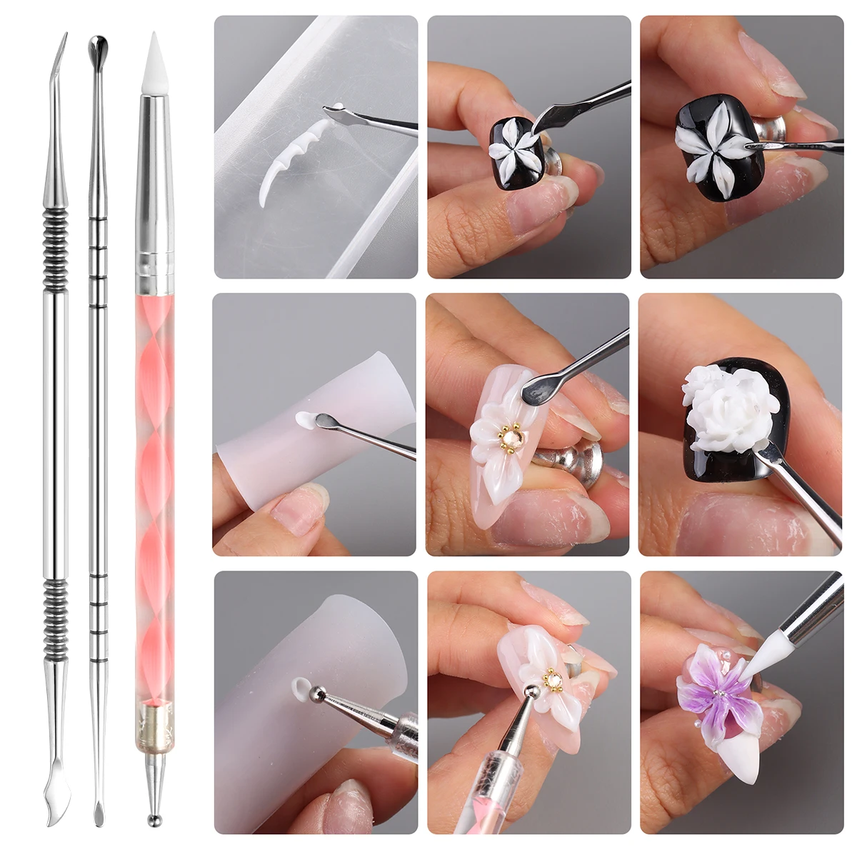3D Nail Sculpte Pen Set Multi Function Nail Carving Tool Nail Spatula Silicone Dotte Stylus For Acrylic Gel Flower Nail Art Desi
