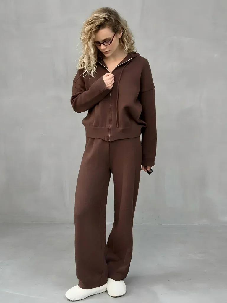 Women's Casual Two-piece Fashionable Zipper Drawstring Hooded Top and Pants Set Suitable for Casual Autumn Daily Wear