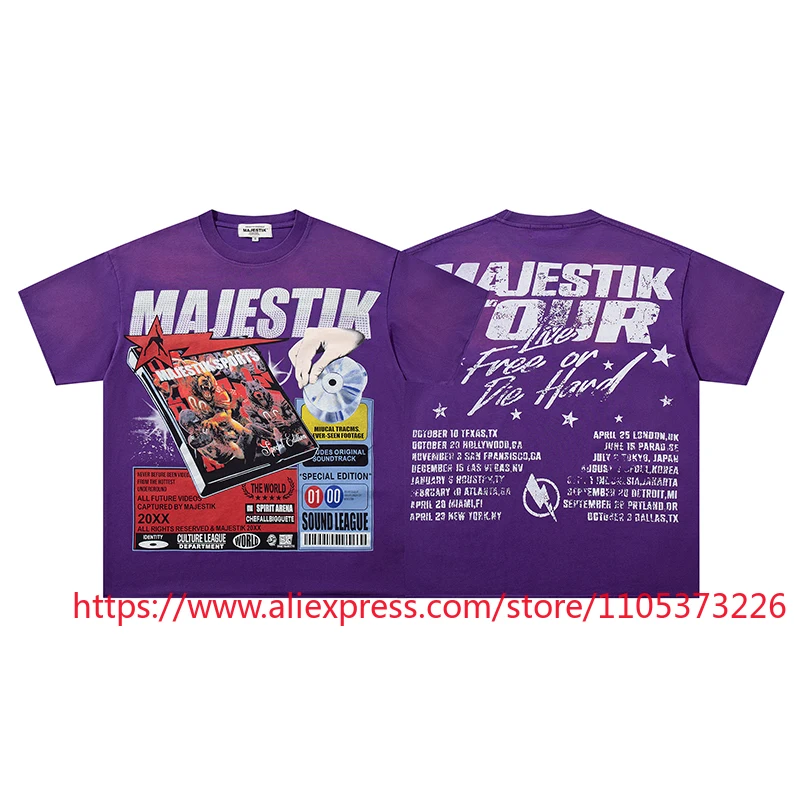 

MAJESTIK Purple Vintage CD Album Printed Short Sleeve American High Street Tour Theme Loose T shirt MAJESTIK