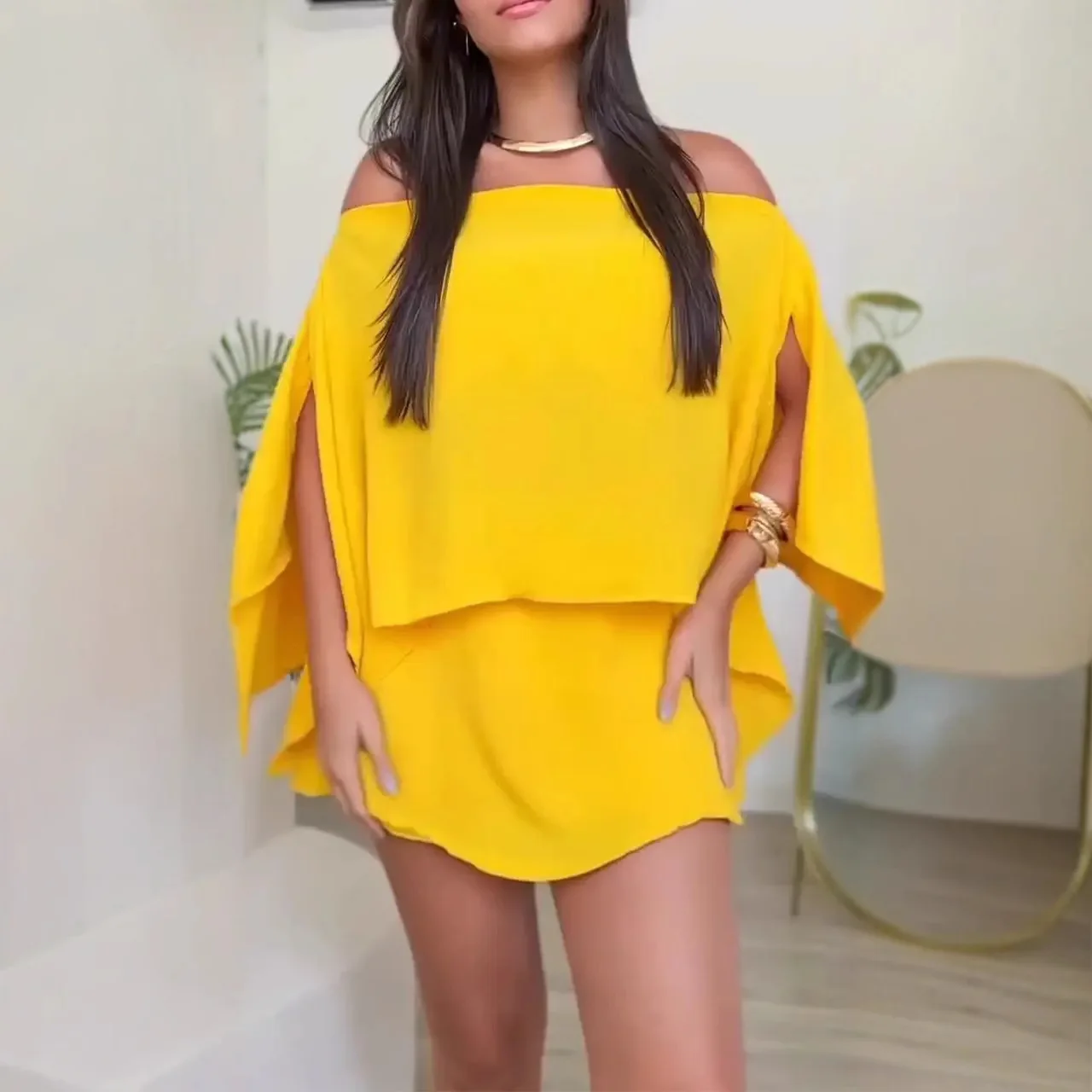 

Fashion Solid Color Loose Chiffon Strapless Shawl Top Temperament Short Skirt Set Women's Summer Off Shoulder Top Skirt Set