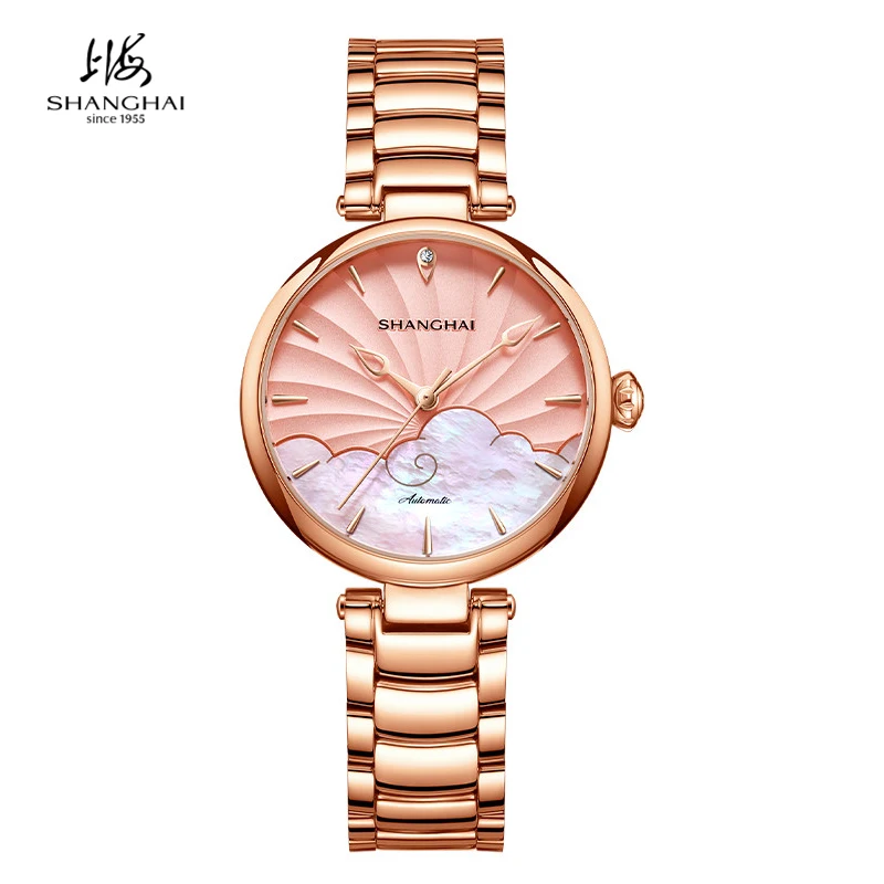 SHANGHAI Watch Women's Automatic Mechanical Fashion Watches 50m Waterproof Sapphire Crystal Butterfly Clasp Lady Wristwatch 8002