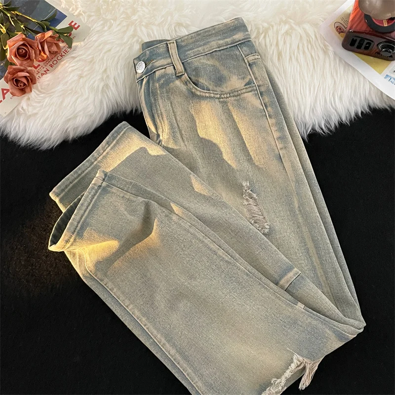 

Yellow Clay Color Men's Jeans Thin Summer American High Street Waed Outdated Casual Loose Long Pants Leisure Straight Leg