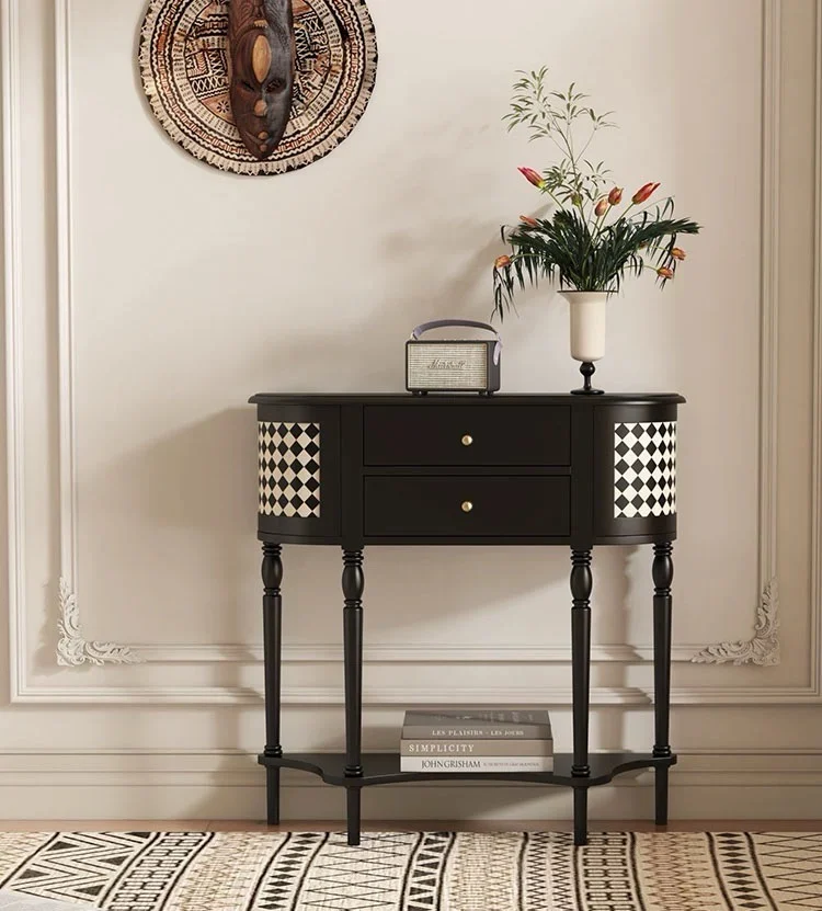 

Half-arc entrance table Solid wood entry foyer Black cream style ornament table Narrow end view table