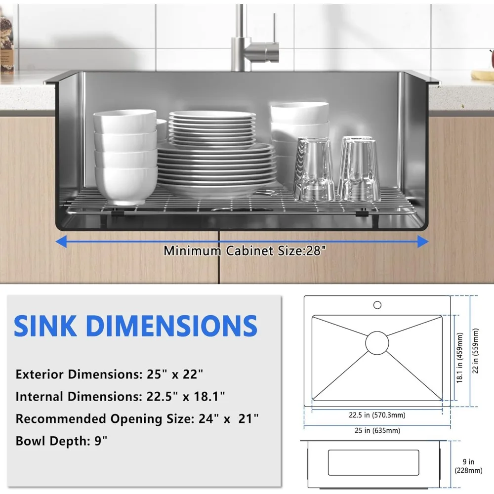 حوض مطبخ بوعاء واحد من الفولاذ المقاوم للصدأ - حامل علوي مقاس 25 × 22 بوصة مقاس 18 مع شبكة للمطابخ الحديثة